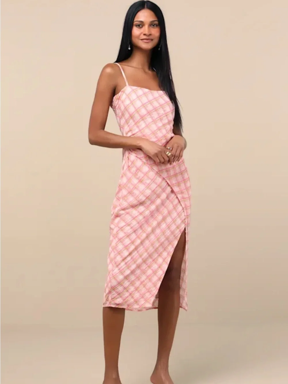 Lulu's Pink Plaid Spaghetti-Strap Midi Dress